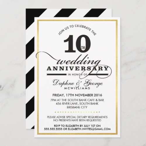 10TH WEDDING ANNIVERSARY classy stylish gold black Invitation