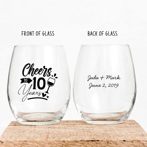 10th Wedding Anniversary Elegant Celebration Stemless Wine Glass