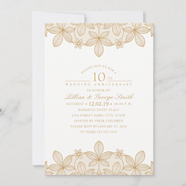 10th Wedding Anniversary Elegant Golden Lace Invitation (Front)