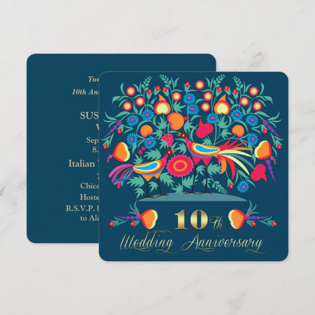 10th Wedding Anniversary Folk Art Invitation (Front/Back)