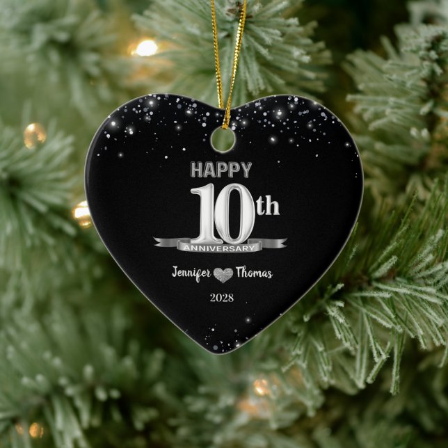 10th Wedding Anniversary Glitter Silver Custom Ceramic Ornament (Tree)
