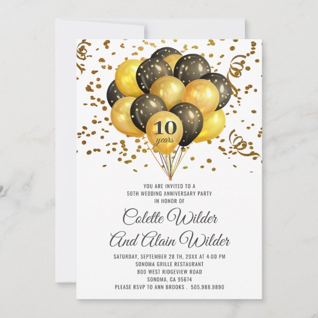 10th Wedding Anniversary Gold And Black On White Invitation (Front)