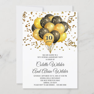 10th Wedding Anniversary Gold And Black On White Invitation