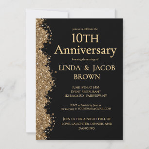 10th Wedding Anniversary Gold Faux Glitter  Invitation