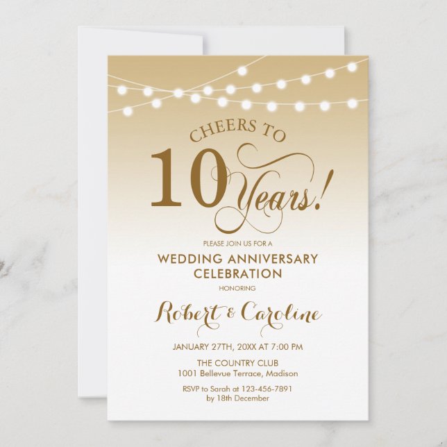 10th Wedding Anniversary - Gold White Invitation (Front)