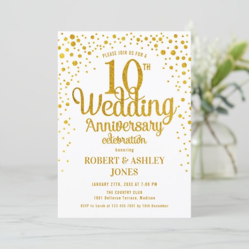 10th Wedding Anniversary - Gold & White Invitation | Zazzle