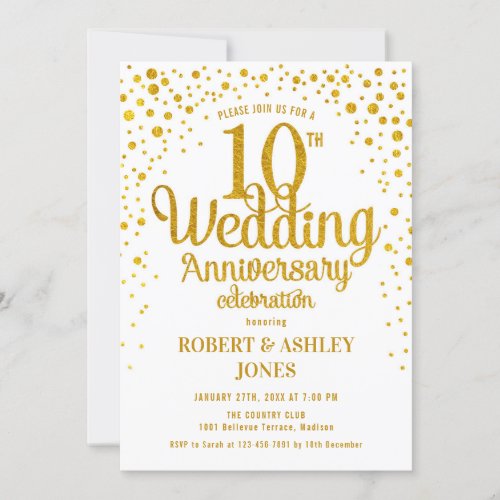 10th Wedding Anniversary _ Gold  White Invitation