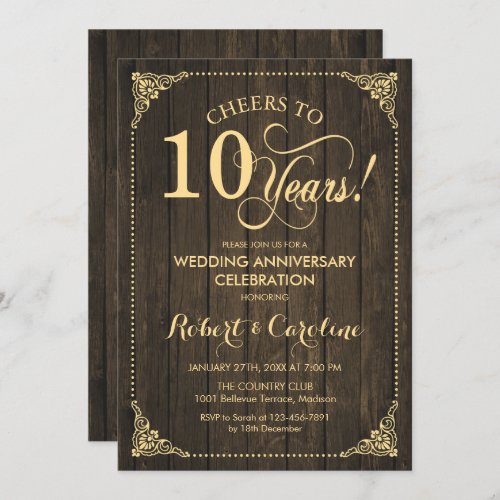 10th Wedding Anniversary _ Gold Wood Invitation