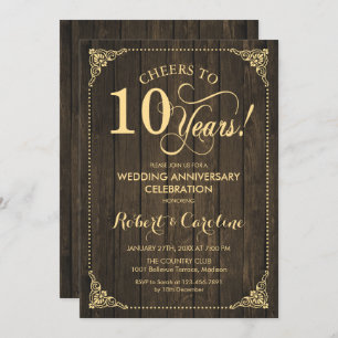 10th Wedding Anniversary - Gold Wood Invitation
