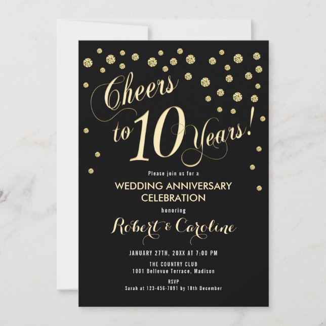 10th Wedding Anniversary Invitation - Black & Gold (Front)