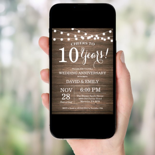 10th Wedding Anniversary Invitation Rustic Wood (Front Digital)