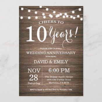 10th Wedding Anniversary Invitation Rustic Wood by Happyappleshop at Zazzle