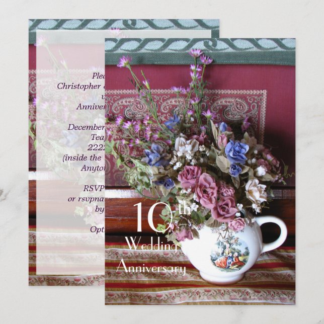 10th Wedding Anniversary Invitation Vintage Teapot (Front/Back)