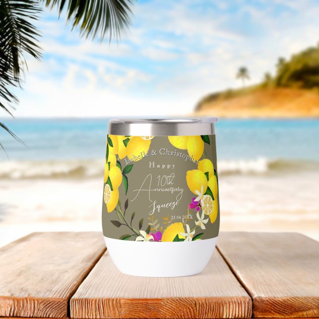 10th Wedding Anniversary Lemon Squeeze  Thermal Wine Tumbler (Beach)