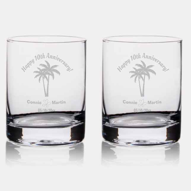 10th Wedding Anniversary Palm Trees Whiskey Rocks Glass (Glassware)
