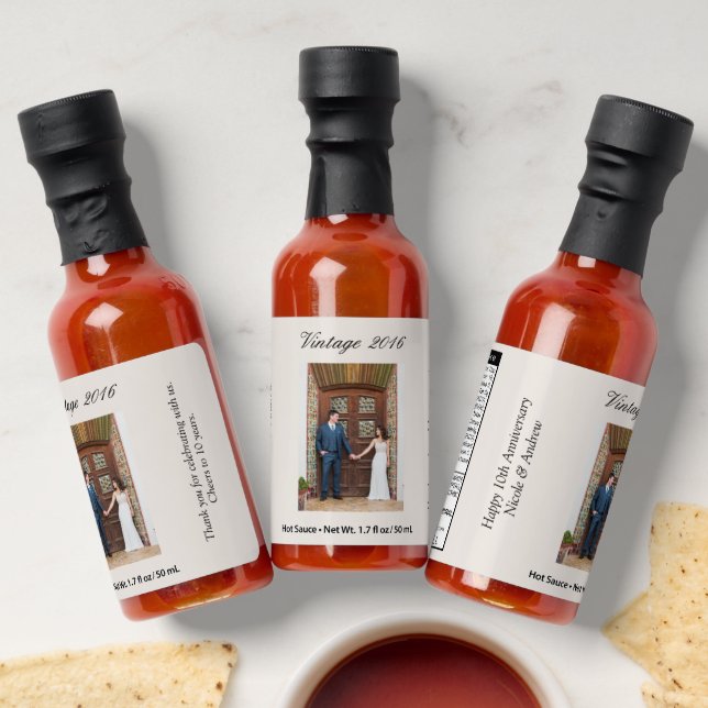 10th Wedding Anniversary Party Favor Custom Photo Hot Sauces (Laydown)