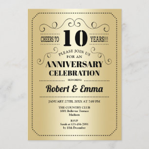 10th Wedding Anniversary Party - Gold Black Invitation