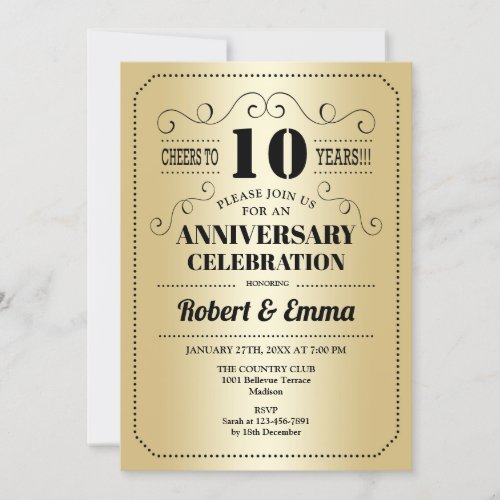 10th Wedding Anniversary Party _ Gold Black Invitation