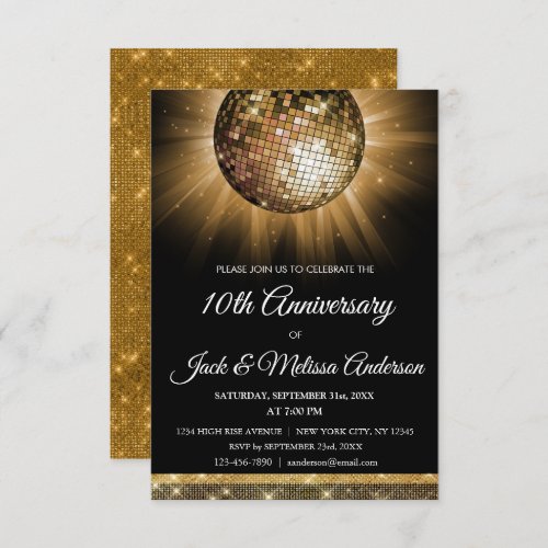 10th Wedding Anniversary Party Gold Disco Ball Invitation