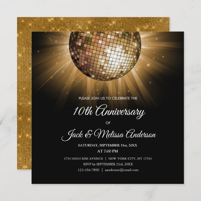 10th Wedding Anniversary Party Gold Disco Ball Invitation (Front/Back)