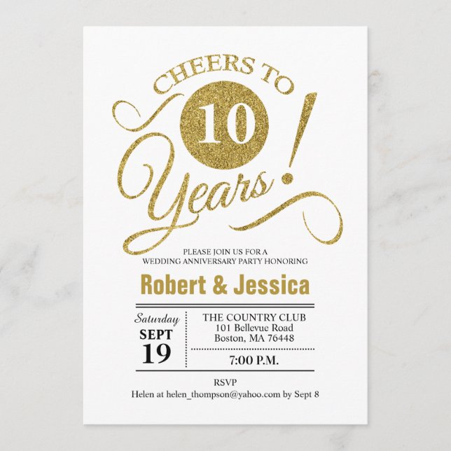 10th Wedding Anniversary Party - Gold White Invitation (Front)