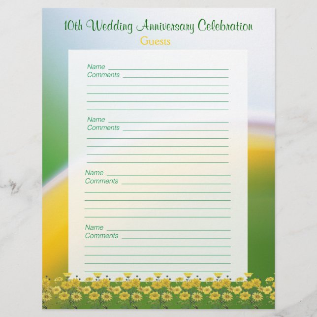 10th Wedding Anniversary Party Guest Book Pages (Front)