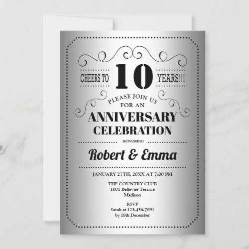 10th Wedding Anniversary Party _ Silver Black Invitation