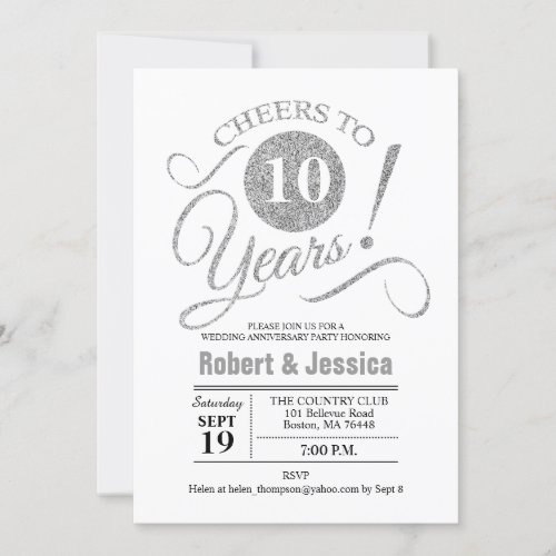 10th Wedding Anniversary Party _ Silver White Invitation