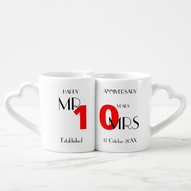 10th Wedding Anniversary Personalized Coffee Mug Set (Back Nesting)