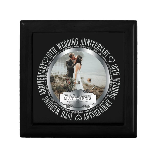 10th Wedding Anniversary Photo Black SIlver Tone Gift Box (Front)