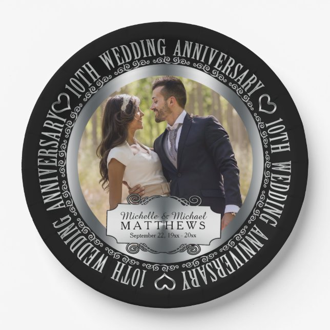 10th Wedding Anniversary Photo Black SIlver Tone Paper Plates (Front)