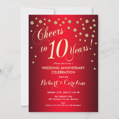 10th Wedding Anniversary _ Red  Gold Invitation