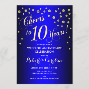 10th Wedding Anniversary - Royal Blue & Gold Invitation