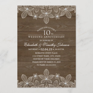 10th Wedding Anniversary Rustic Wood Country Lace Invitation