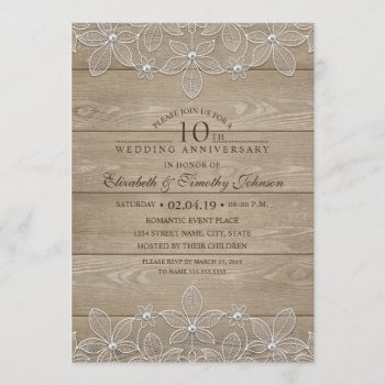 10th Wedding Anniversary Rustic Wood Vintage Lace Invitation by superdazzle at Zazzle