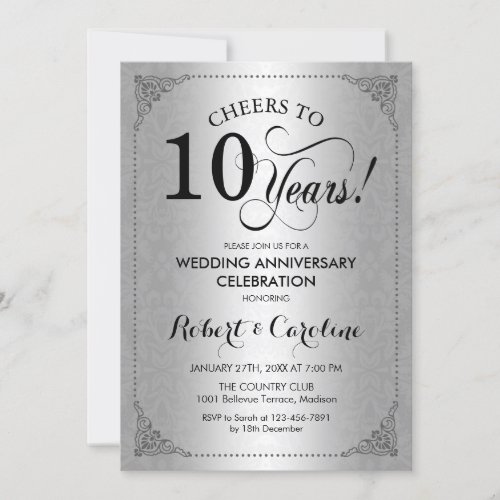 10th Wedding Anniversary _ Silver Black Damask Invitation