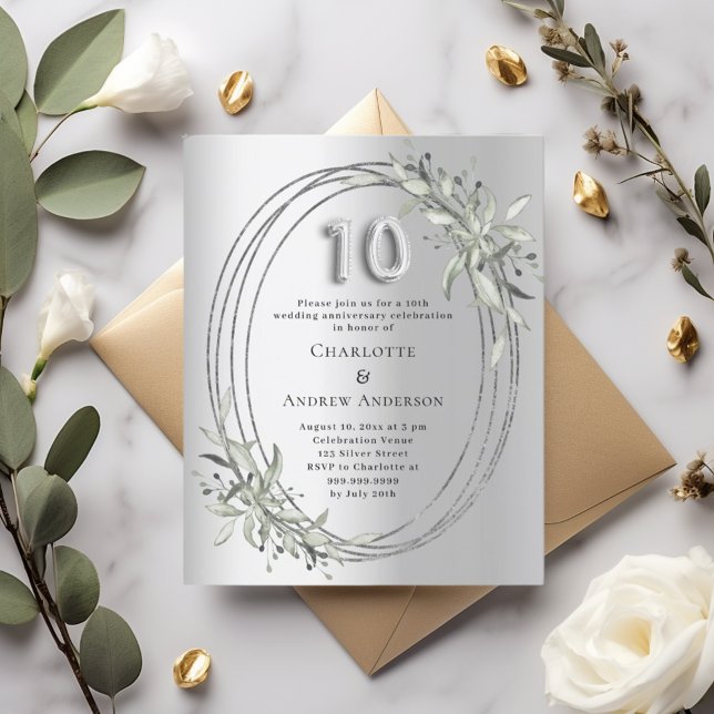 10th wedding anniversary silver foliage invitation (Creator Uploaded)