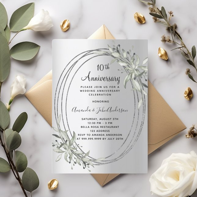 10th wedding anniversary silver greenery invitation (Creator Uploaded)
