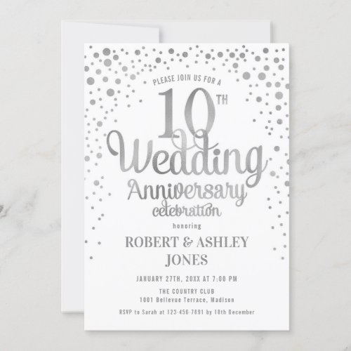 10th Wedding Anniversary _ Silver  White Invitation