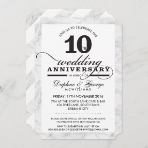 10TH WEDDING ANNIVERSARY stylish grey marble black Invitation