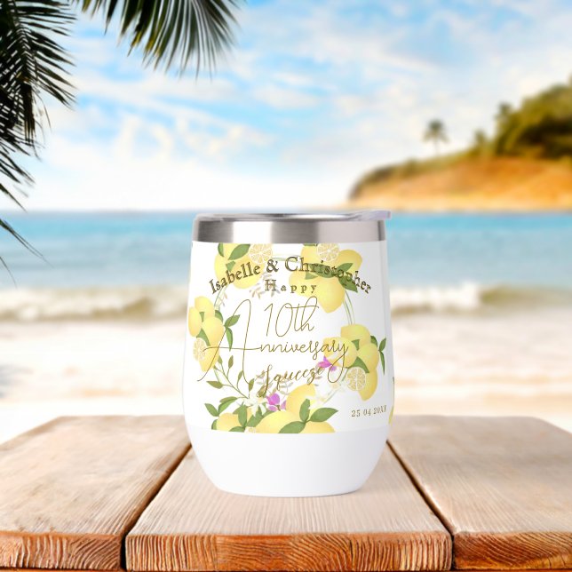 10th Wedding Anniversary Summer Lemon Squeeze  Thermal Wine Tumbler (Beach)
