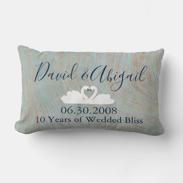 10th Wedding Anniversary swans Blue and Copper Lumbar Pillow (Front)