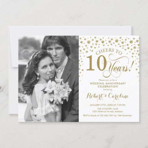 10th Wedding Anniversary with Photo _ Gold White Invitation