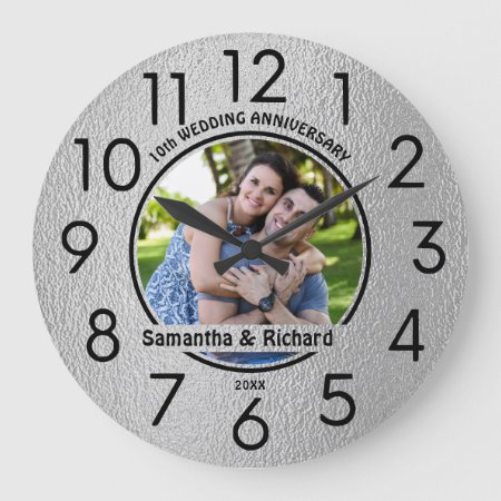 10th Wedding Tin Anniversary Couple Name Photo  Large Clock