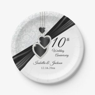 10th White Damask with Black Accents Paper Plates