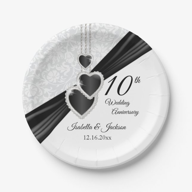 10th White Damask with Black Accents Paper Plates (Front)