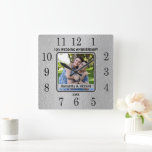 10th Year Couple Wedding Tin Anniversary Photo  Square Wall Clock<br><div class="desc">The photo clock with tin background makes an unique 10 year anniversary gift that is traditional and modern. Personalize with the couple photo, name and year.</div>