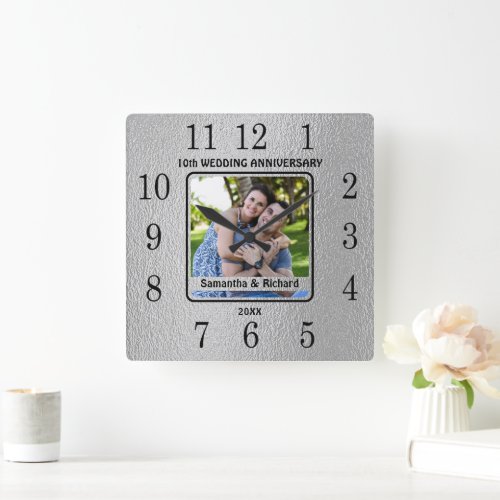 10th Year Couple Wedding Tin Anniversary Photo  Square Wall Clock