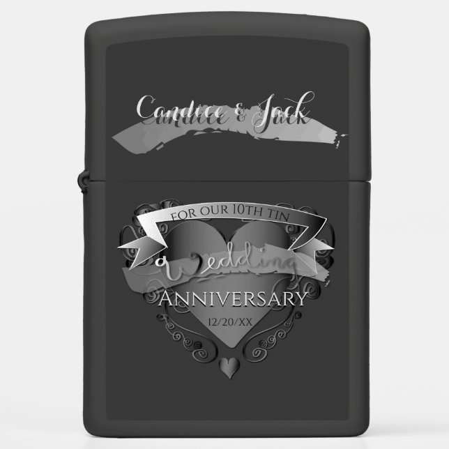 "10thTin Wedding Anniversary" 3D Heart Emblem Zippo Lighter (Front)
