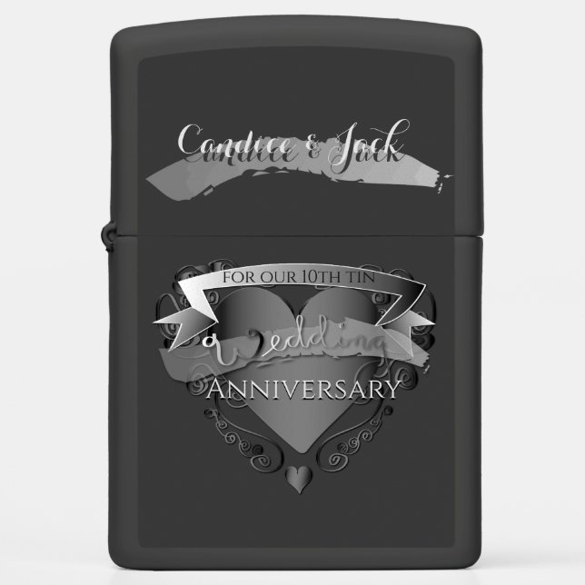 "10thTin Wedding Anniversary" 3D Heart Emblem Zippo Lighter (Front)
